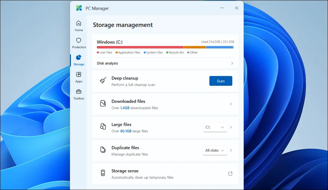 Giao diện quản lý lưu trữ của Microsoft PC Manager với các tùy chọn phân tích đĩa và dọn dẹp tệp.