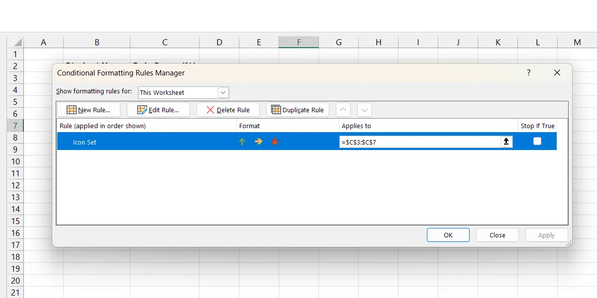Giao diện quản lý quy tắc định dạng có điều kiện trong Excel, tập trung vào việc chỉnh sửa thiết lập Icon Set.