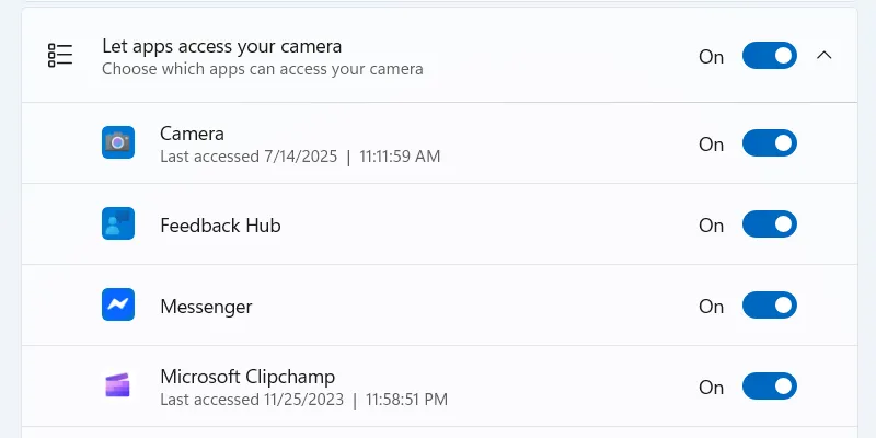 Giao diện quản lý quyền truy cập camera của ứng dụng trên Windows 11.