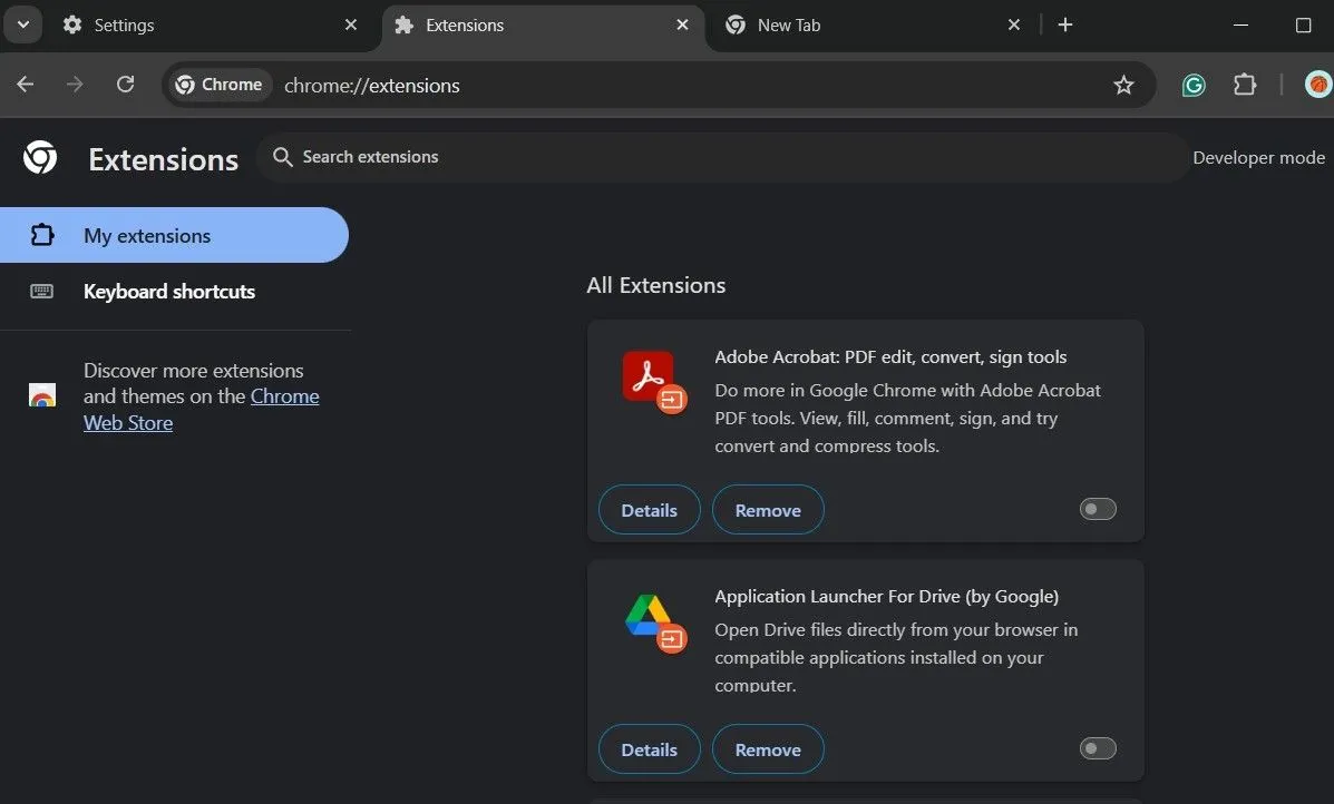 Giao diện quản lý tiện ích mở rộng của Google Chrome