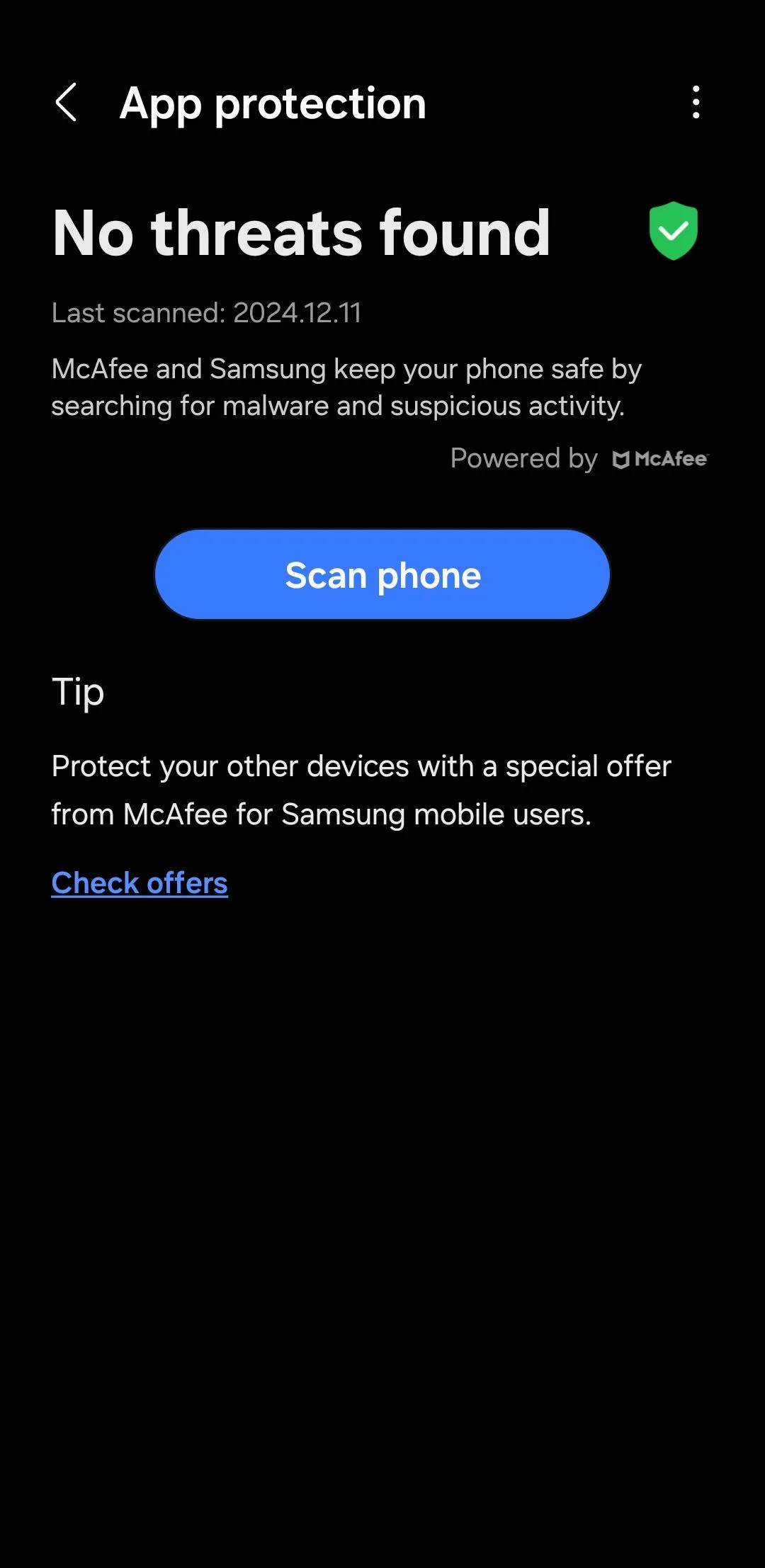 Giao diện quét điện thoại Android để phát hiện và loại bỏ phần mềm độc hại.