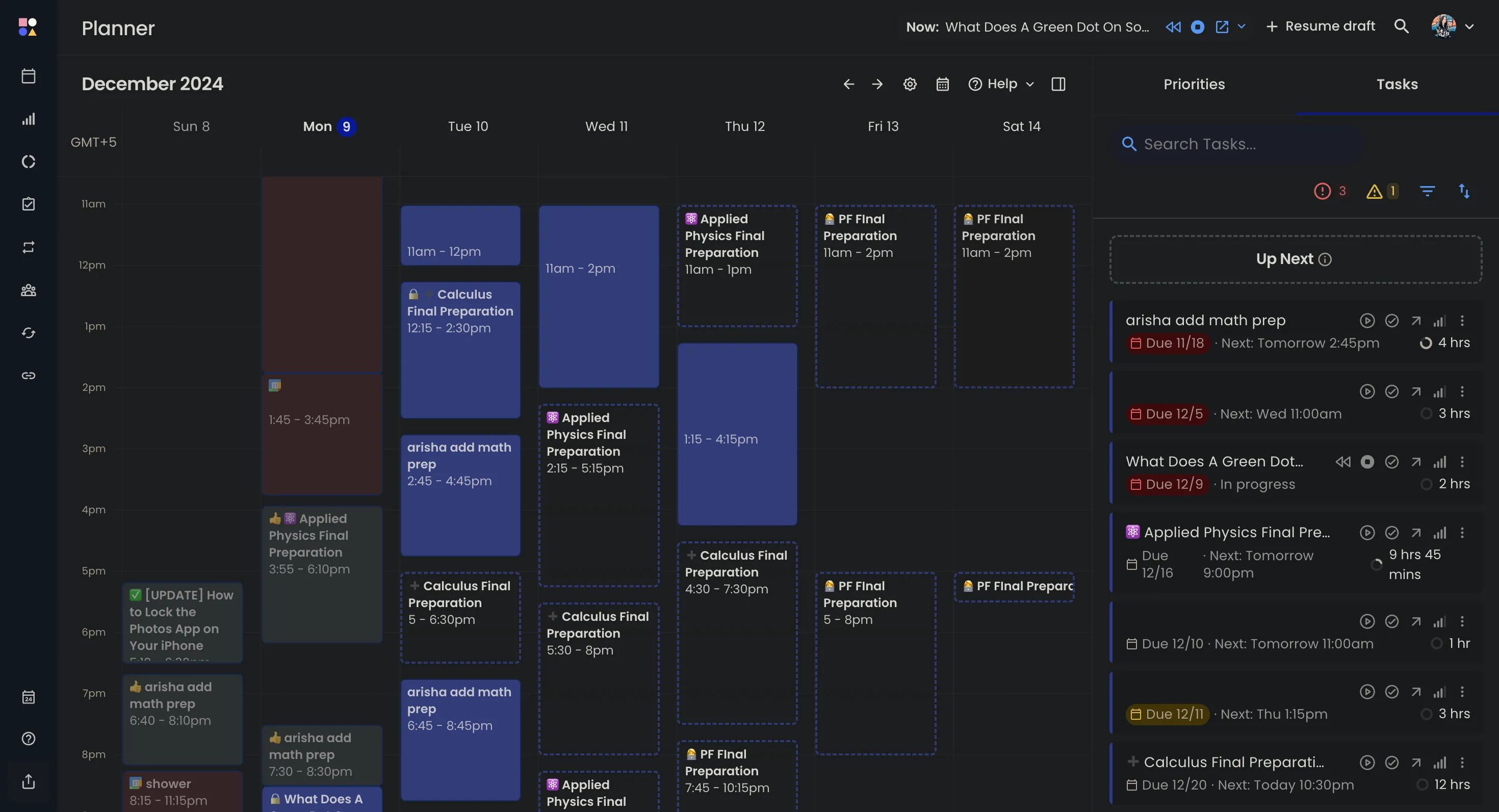 Giao diện Reclaim.ai hiển thị Planner với danh sách nhiệm vụ đã được lập lịch