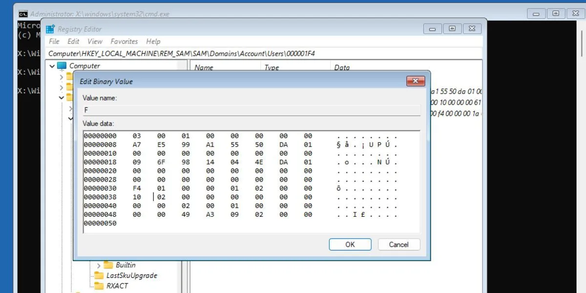 Giao diện Registry Editor hiển thị cách thay đổi giá trị nhị phân 'F' để kích hoạt tài khoản quản trị viên trong Windows.