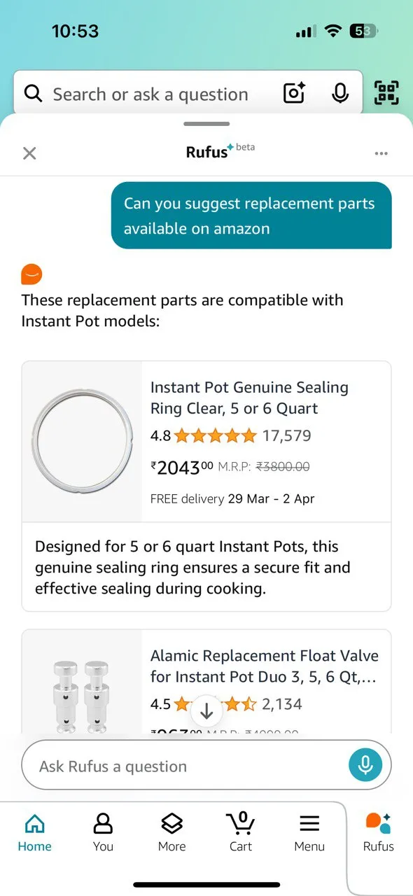 Giao diện Rufus AI Amazon hiển thị các bước khắc phục sự cố cho một thiết bị, hướng dẫn sửa chữa hoặc tìm linh kiện