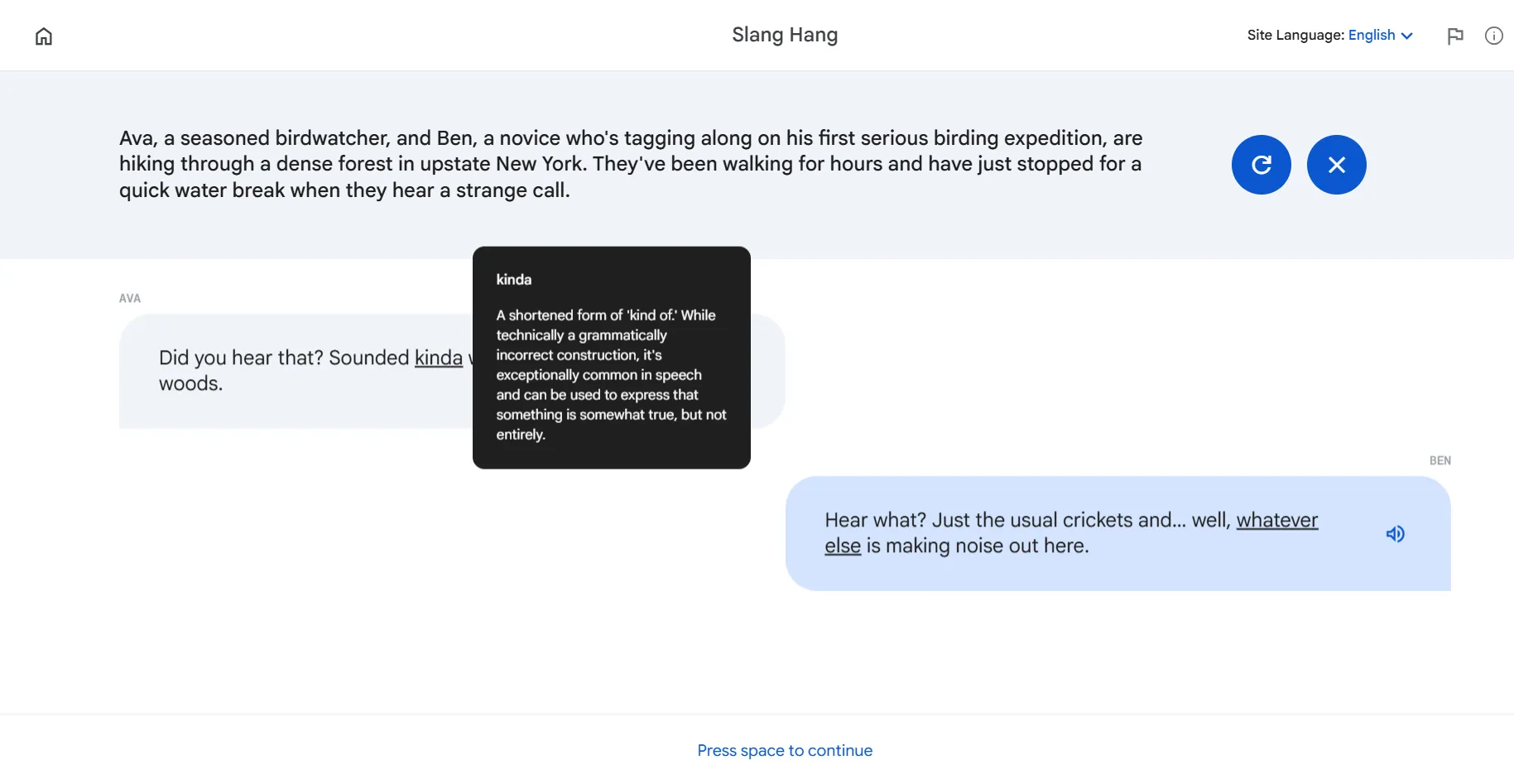 Giao diện Slang Hang trong Little Language Lessons, minh họa cách học tiếng lóng tiếng Anh qua các cuộc trò chuyện thực tế.