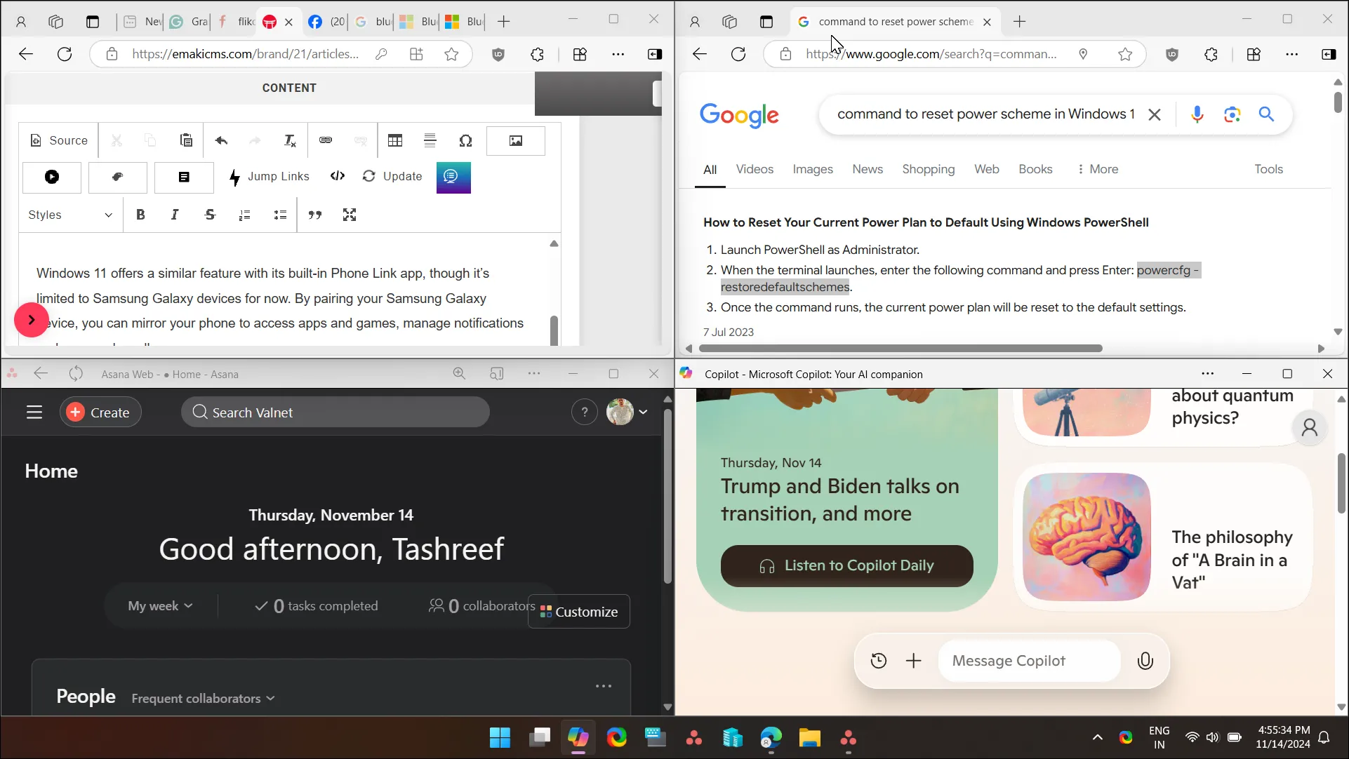 Giao diện Snap Layouts của Windows 11 với bốn cửa sổ ứng dụng được sắp xếp khoa học trên màn hình.