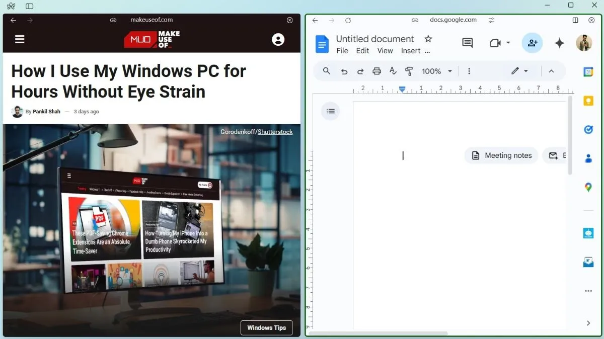 Giao diện Split View của Arc Browser hiển thị đồng thời trang MakeUseOf và Google Docs, tăng cường năng suất.