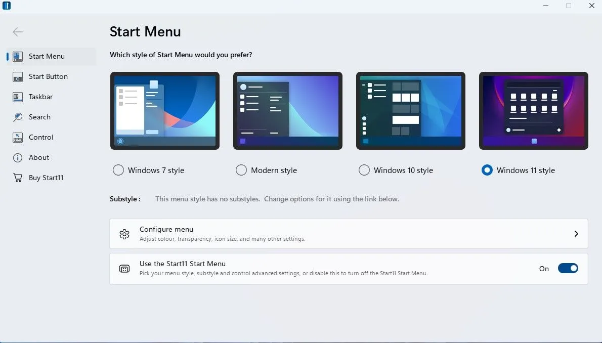 Giao diện Start Menu của Windows 11 được tùy biến bằng Start11, hiển thị các lối tắt và thư mục ghim.
