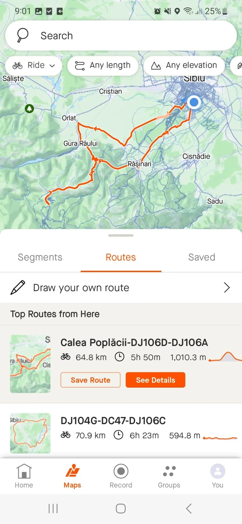 Giao diện Strava cho phép người dùng bắt đầu vẽ tuyến đường chạy bộ hoặc đạp xe