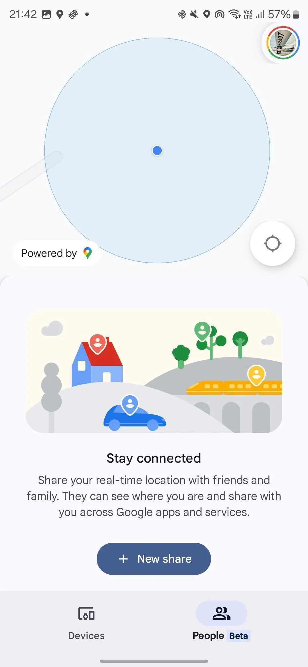 Giao diện tab Mọi người (Beta) trong ứng dụng Google Find My Device hiển thị tùy chọn chia sẻ vị trí mới