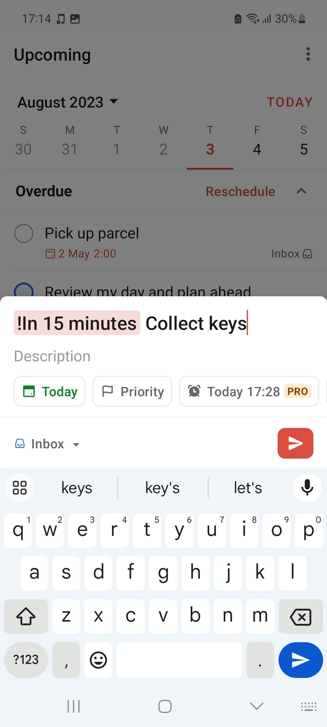 Giao diện tạo nhiệm vụ ngắn hạn mới trong Todoist