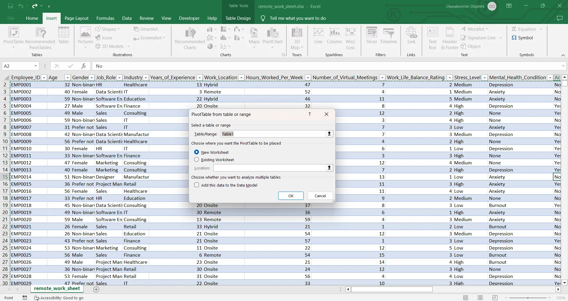 Giao diện tạo Pivot Table trong Excel, cho thấy khả năng phân tích dữ liệu đa chiều mạnh mẽ.