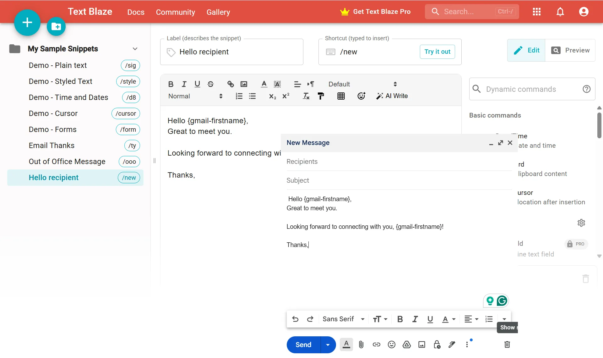 Giao diện tạo snippet động (Dynamic snippets) của Text Blaze với các tùy chọn chèn ngày, input tùy chỉnh.