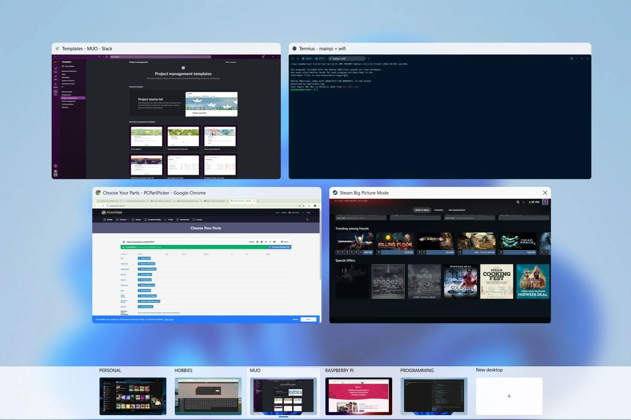 Giao diện Task View hiển thị nhiều màn hình ảo đang hoạt động trên Windows 11 để theo dõi dự án