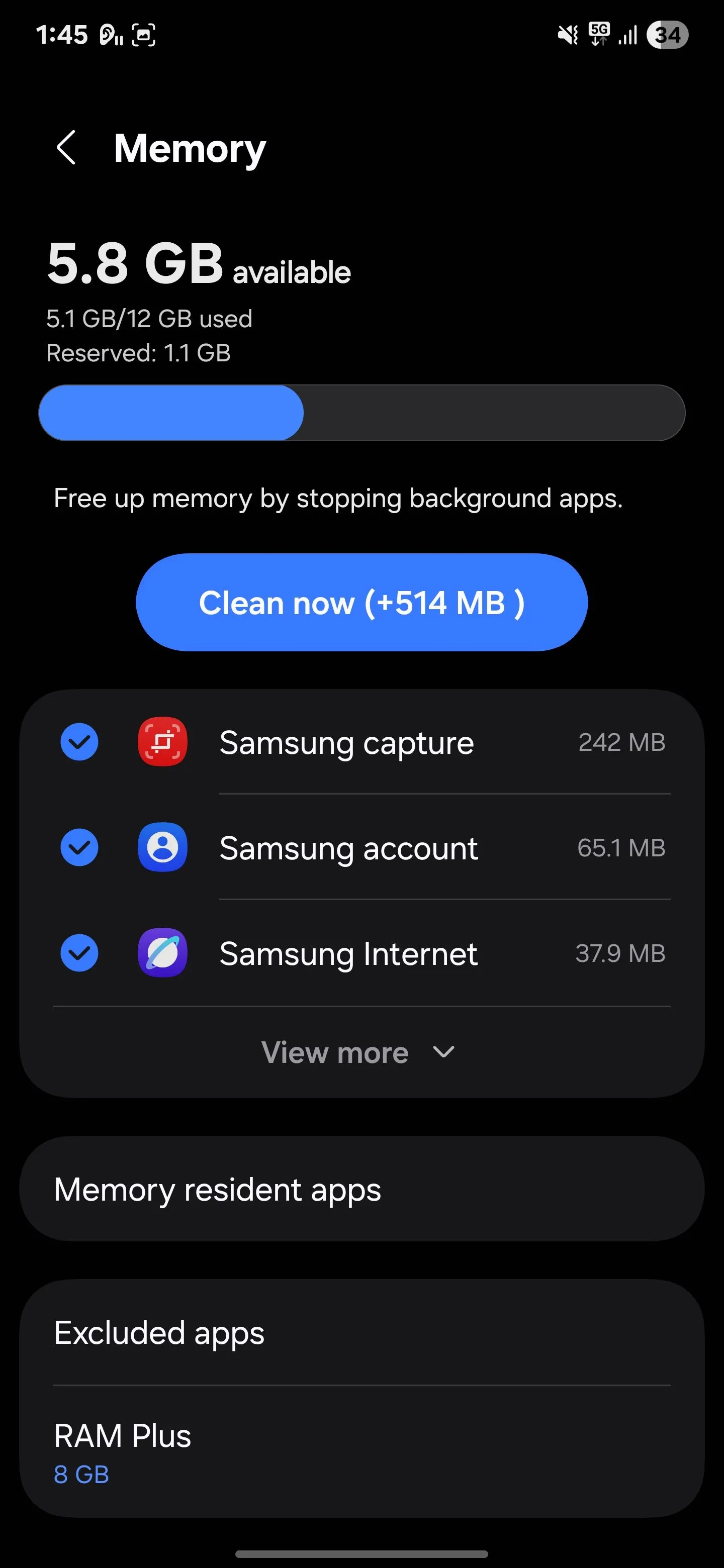 Giao diện tắt tính năng RAM Plus trên điện thoại Samsung