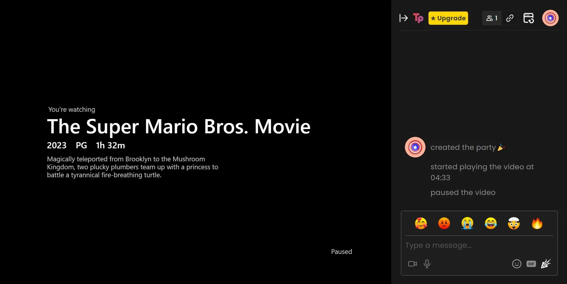 Giao diện Teleparty với cửa sổ chat bên cạnh video Netflix, hỗ trợ tính năng xem phim cùng bạn bè.