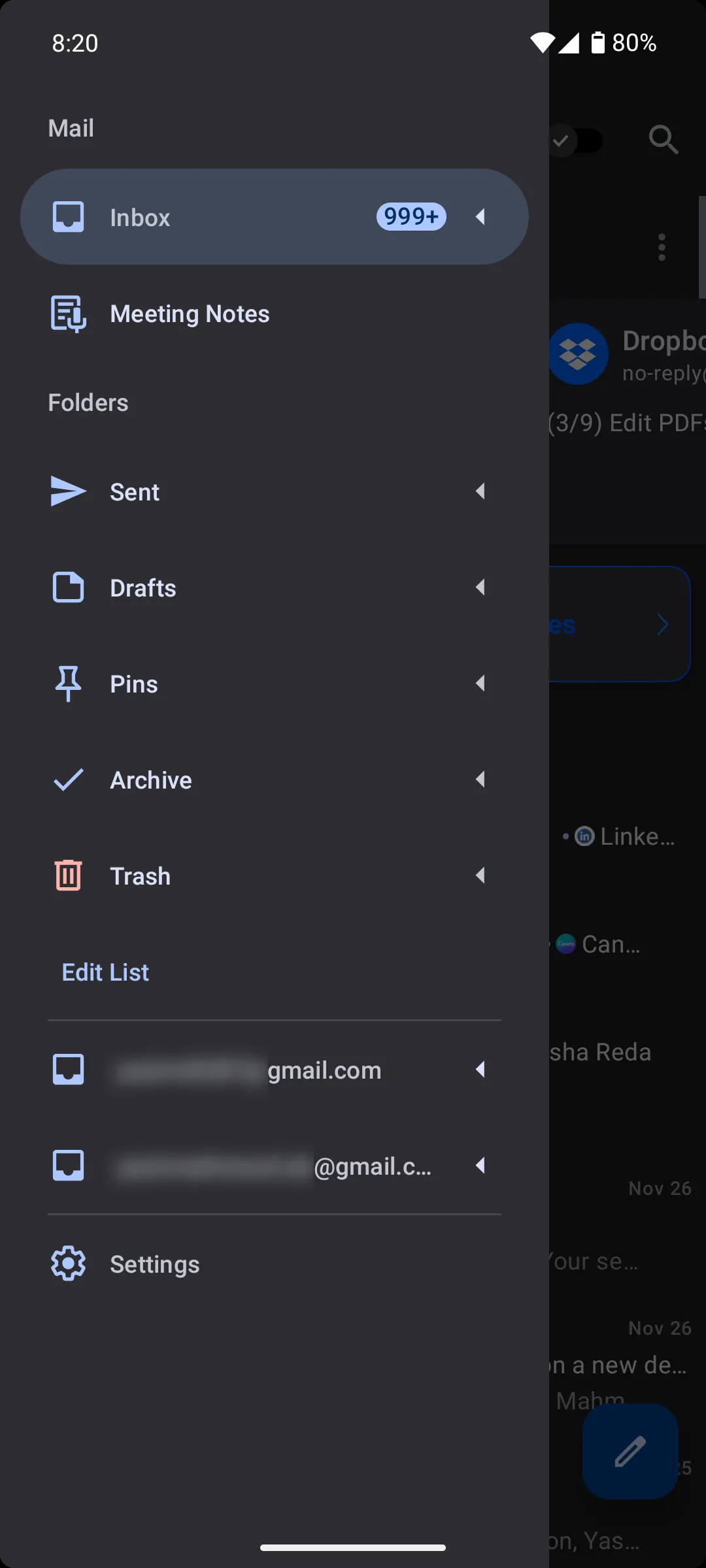 Giao diện thanh điều hướng của ứng dụng Spark Mail trên Android