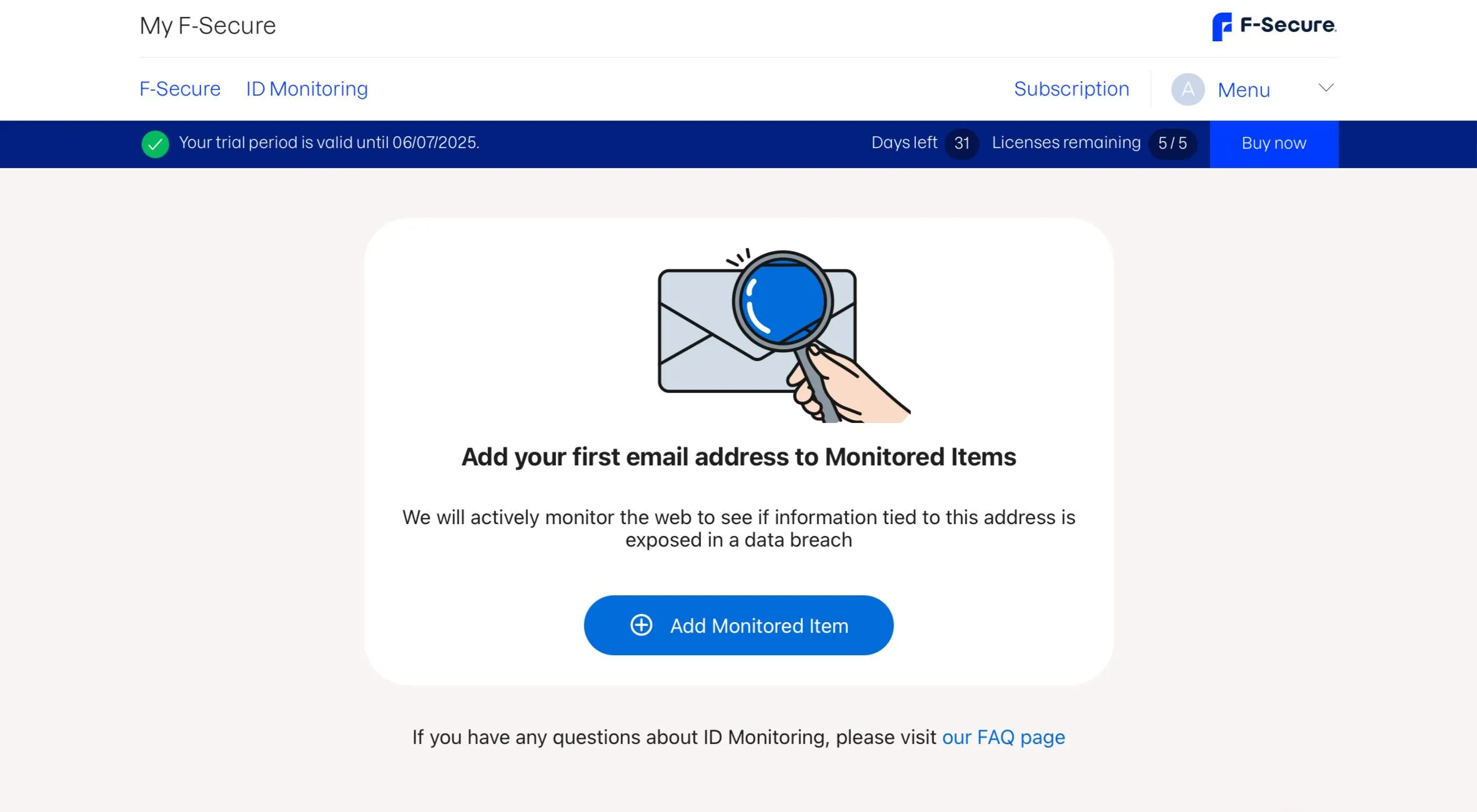 Giao diện thiết lập F-Secure ID Protection nơi người dùng thêm mục cần giám sát