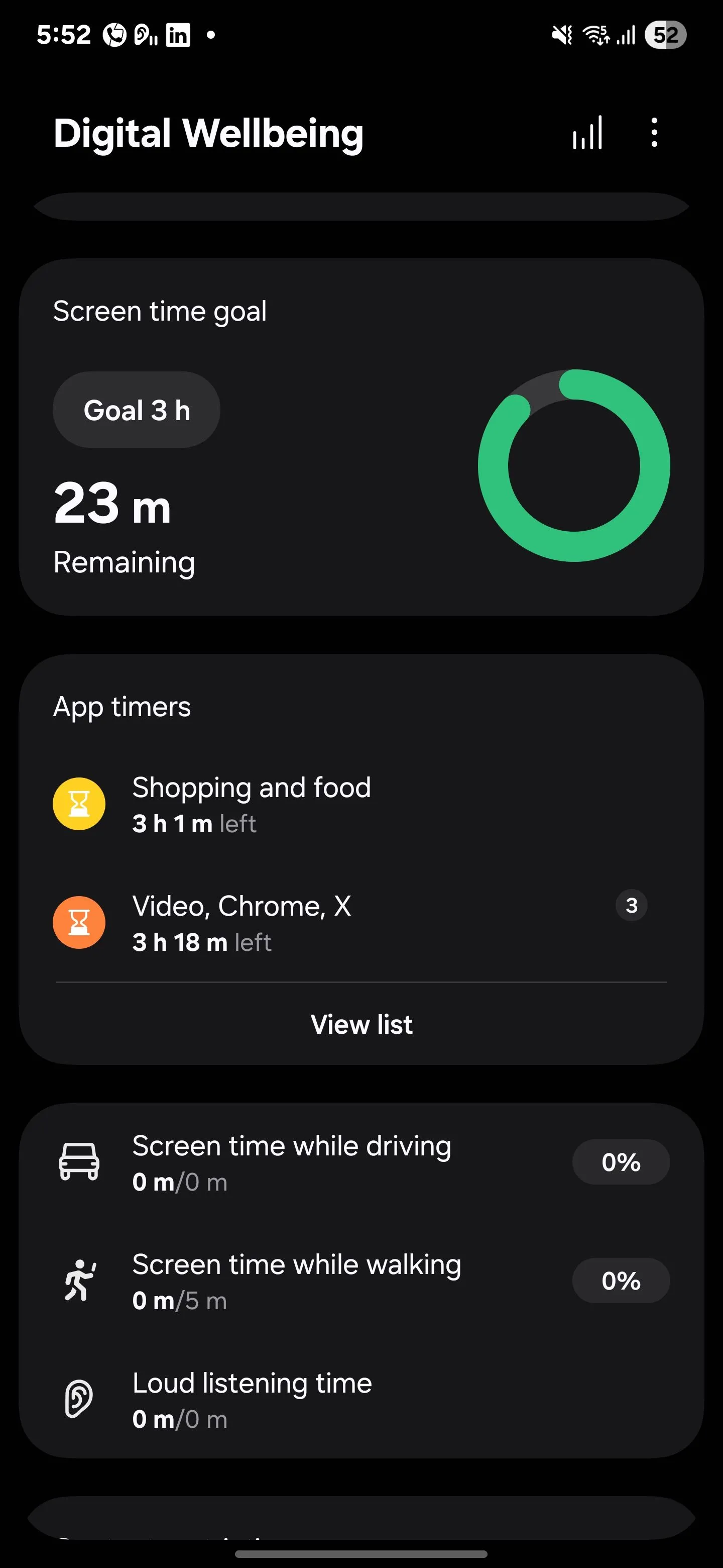 Giao diện thiết lập mục tiêu thời gian sử dụng màn hình hàng ngày trong Samsung Digital Wellbeing, hiển thị vòng tròn tiến độ.