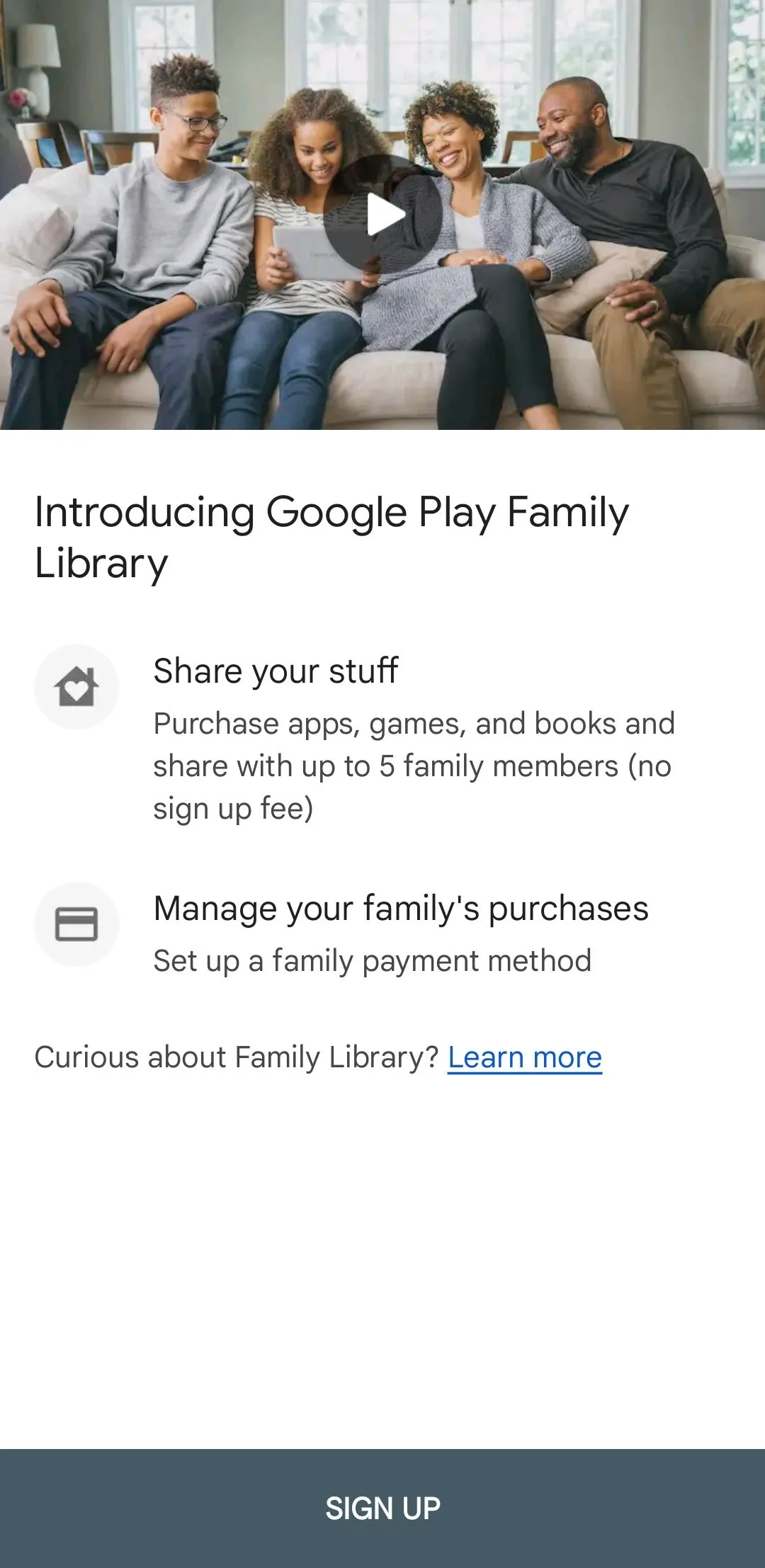 Giao diện thiết lập Thư viện Gia đình (Family Library) trong Google Play Store