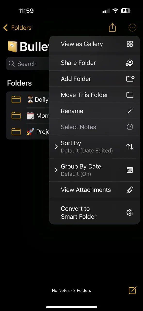Giao diện thư mục &quot;Bullet Journal&quot; và các ghi chú con trong Apple Notes