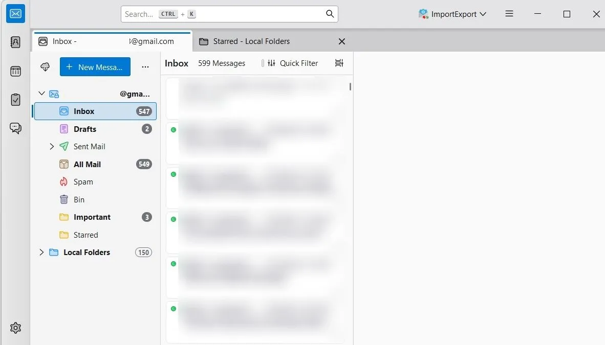 Giao diện Thunderbird với các thư mục tài khoản Gmail và Thư mục cục bộ (Local Folders)