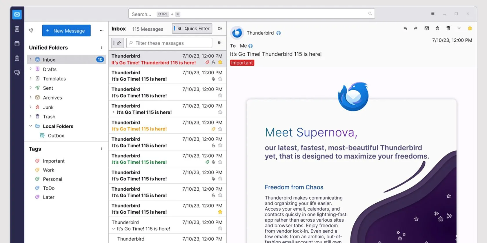 Giao diện Thunderbird với email đang mở, minh họa tính năng tabbed email và unified inbox