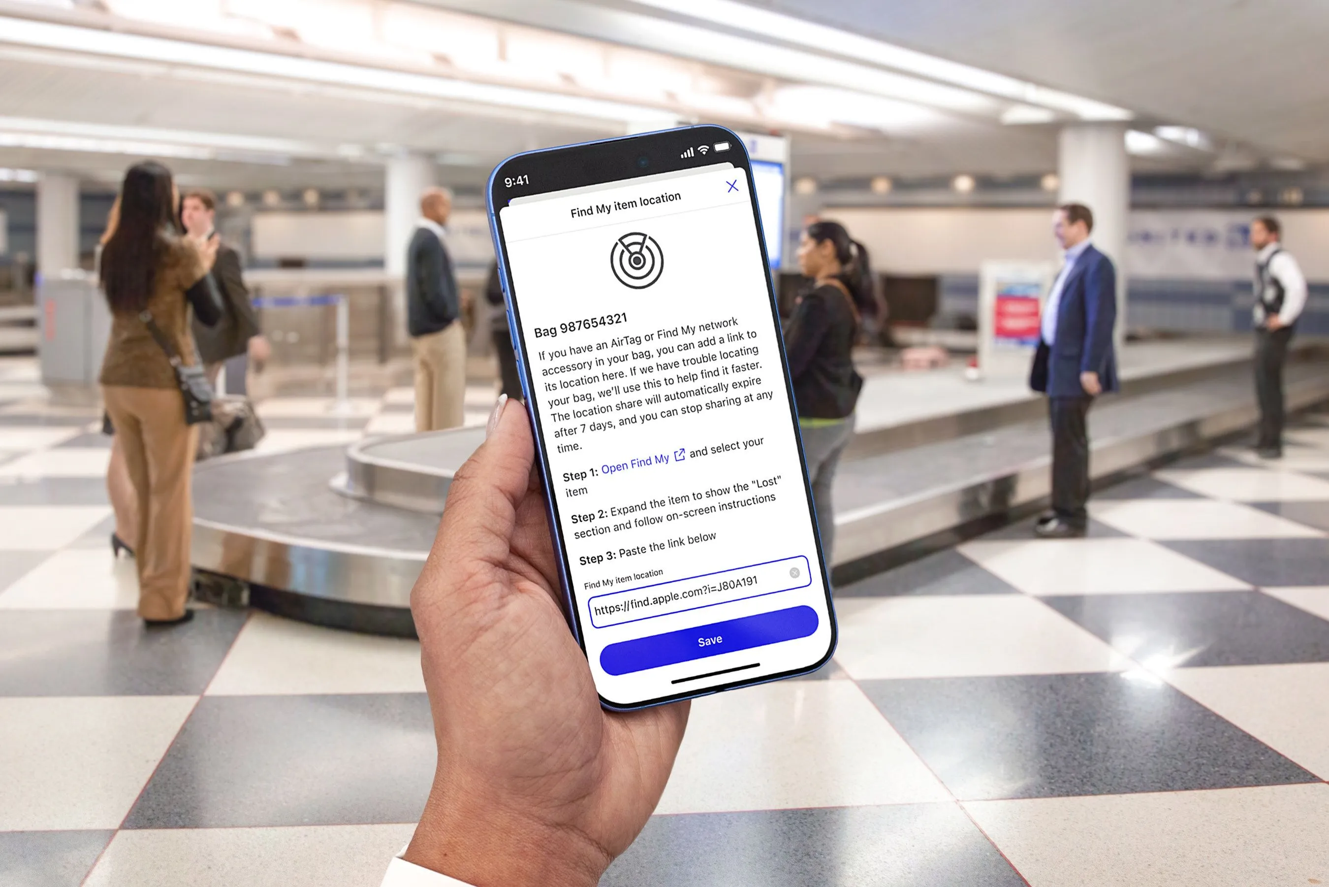 Giao diện tích hợp tính năng AirTag trong ứng dụng United Airlines