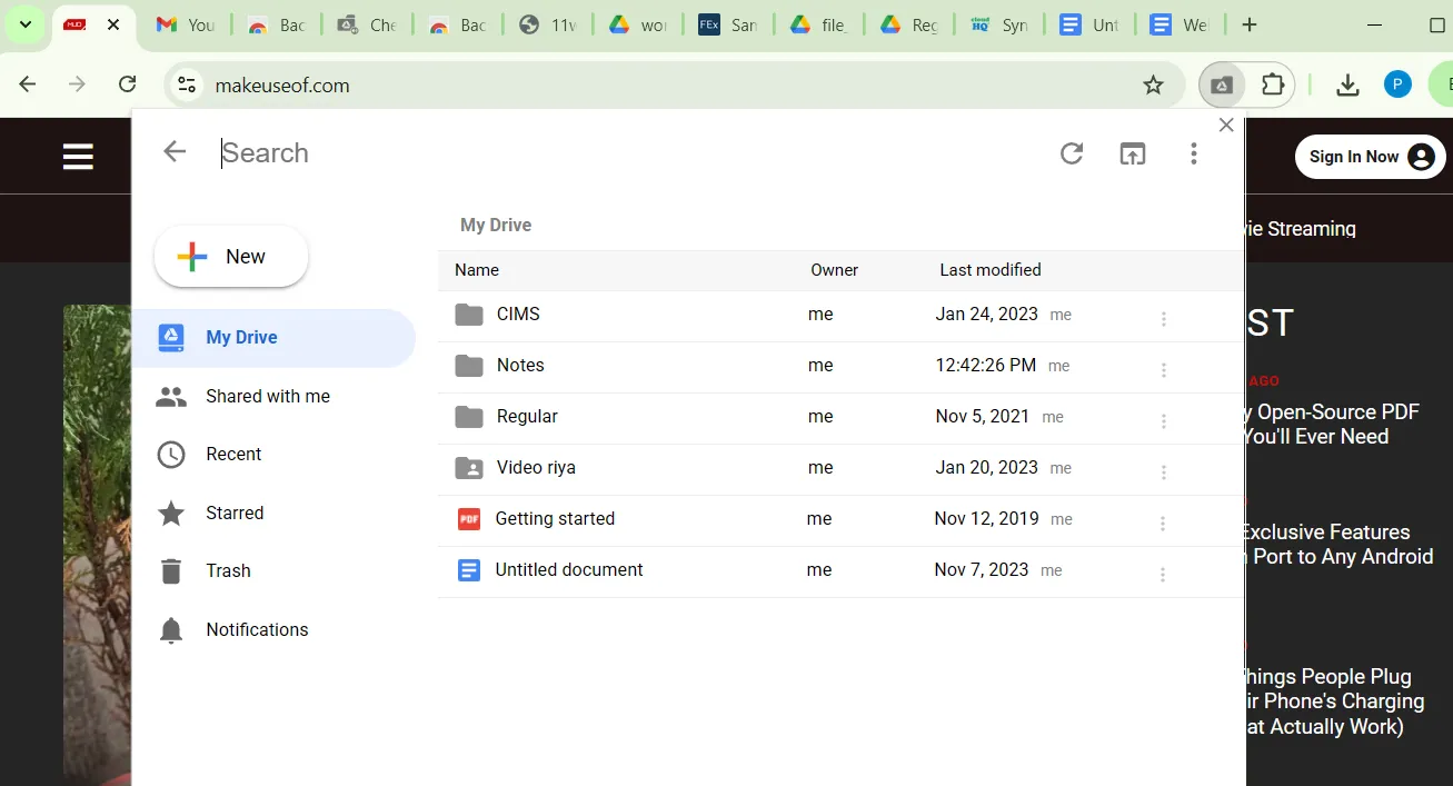 Giao diện tiện ích Checker Plus for Google Drive hiển thị trực tiếp nội dung Google Drive trong cửa sổ trình duyệt, giúp quản lý file nhanh chóng