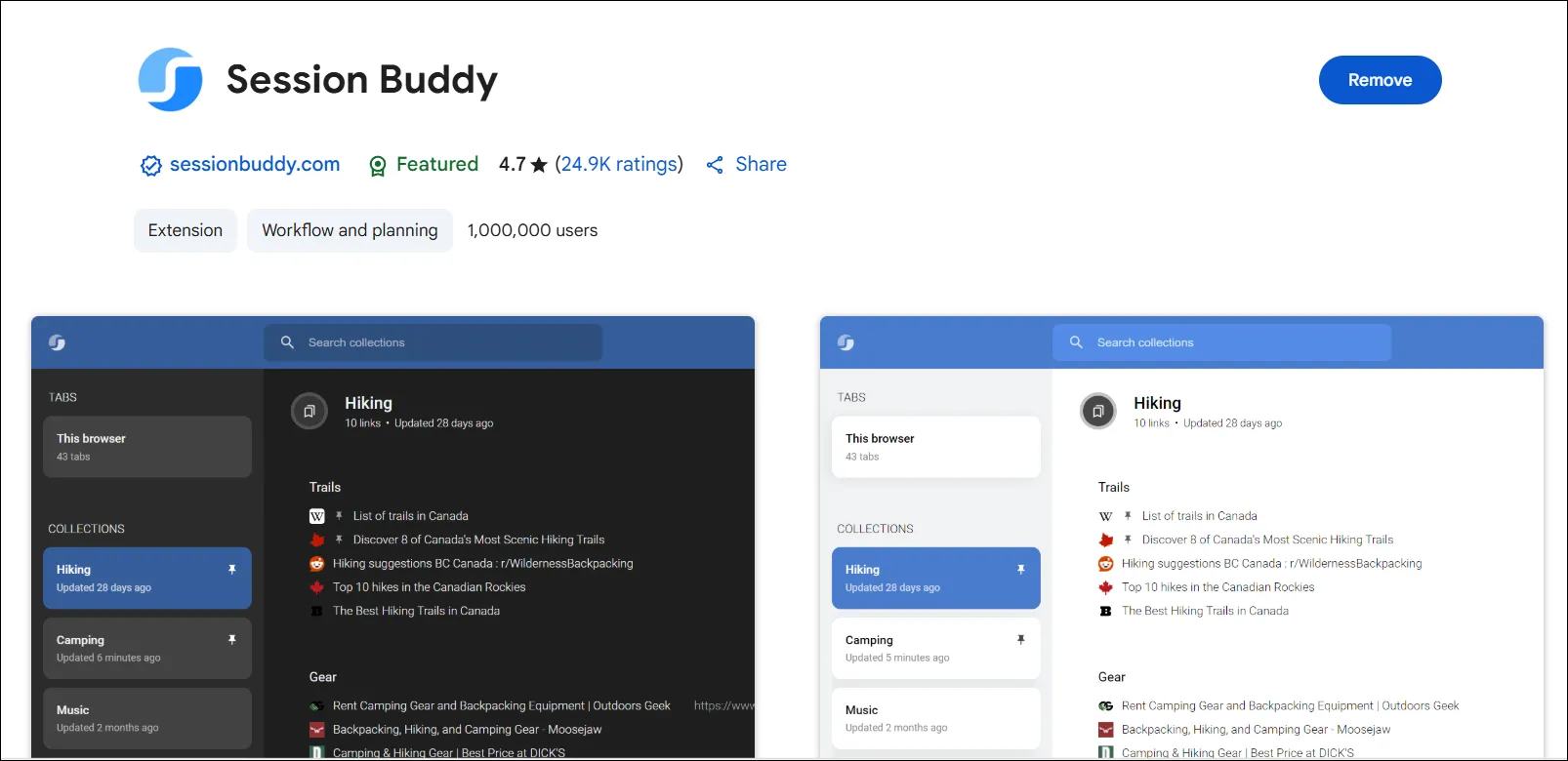 Giao diện tiện ích mở rộng Session Buddy trên trình duyệt Chrome