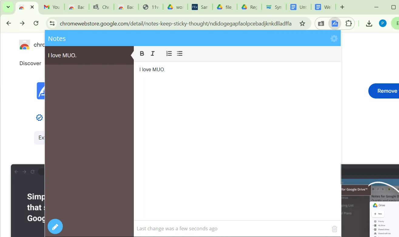 Giao diện tiện ích Notes: Keep Sticky Thoughts in Google Drive trên trình duyệt Chrome, hỗ trợ ghi chú nhanh và lưu trực tiếp vào Drive