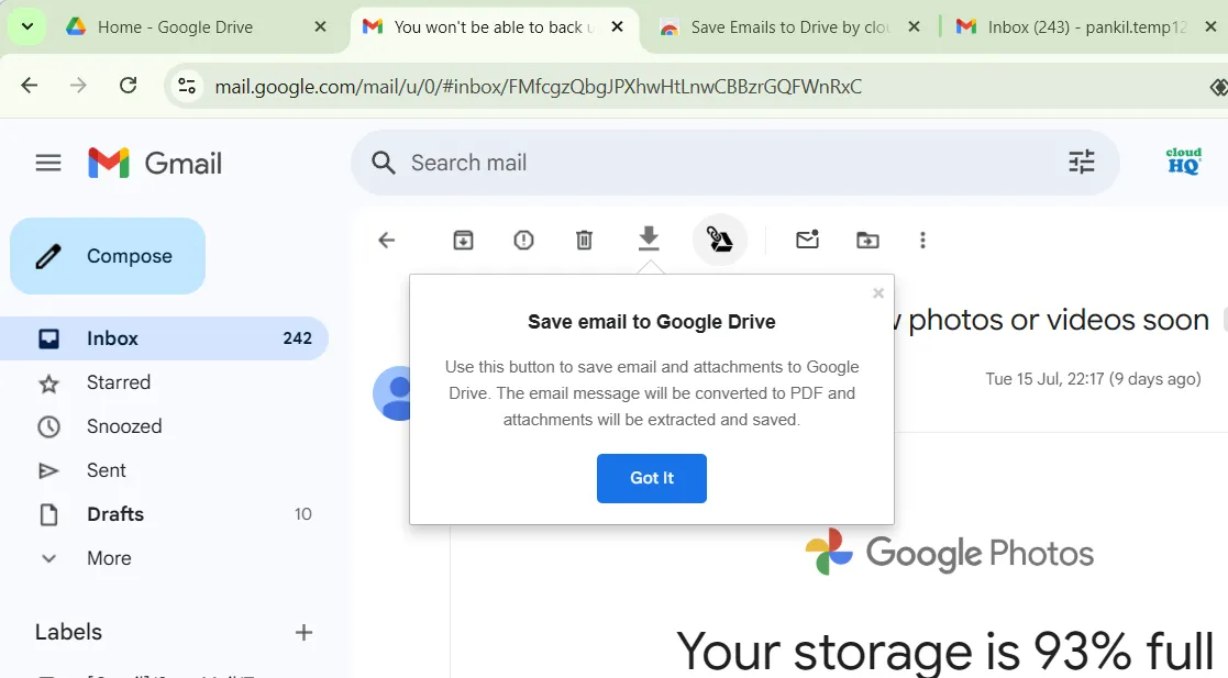 Giao diện tiện ích Save Emails to Google Drive by cloudHQ trong Gmail, cho phép lưu email quan trọng và tệp đính kèm vào Google Drive