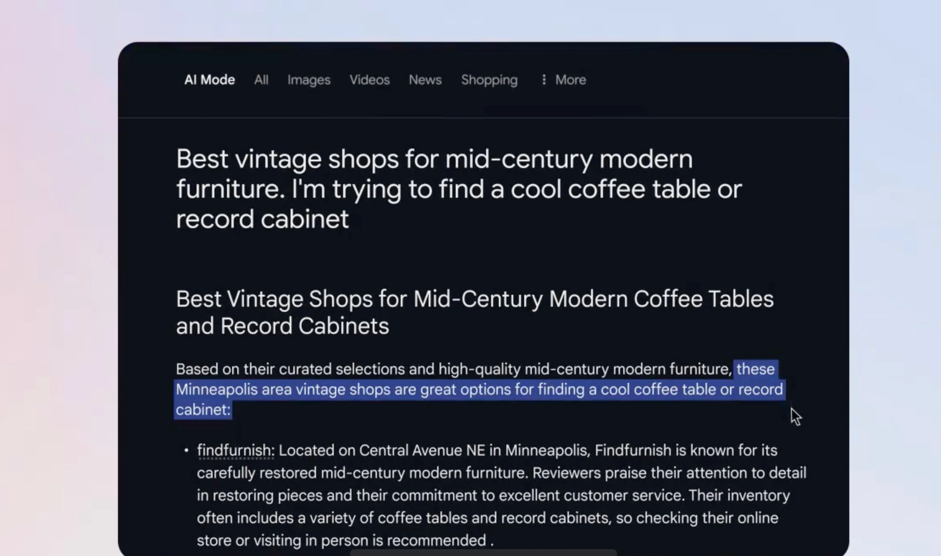 Giao diện tìm kiếm Google với chế độ AI Mode, hiển thị kết quả tổng hợp bằng AI