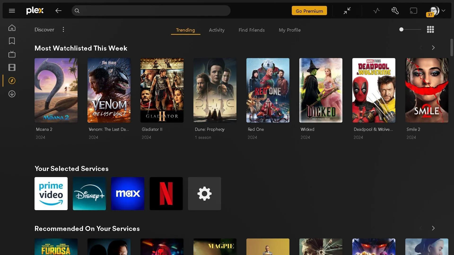 Giao diện tìm kiếm phim và chương trình TV trên Plex Discover