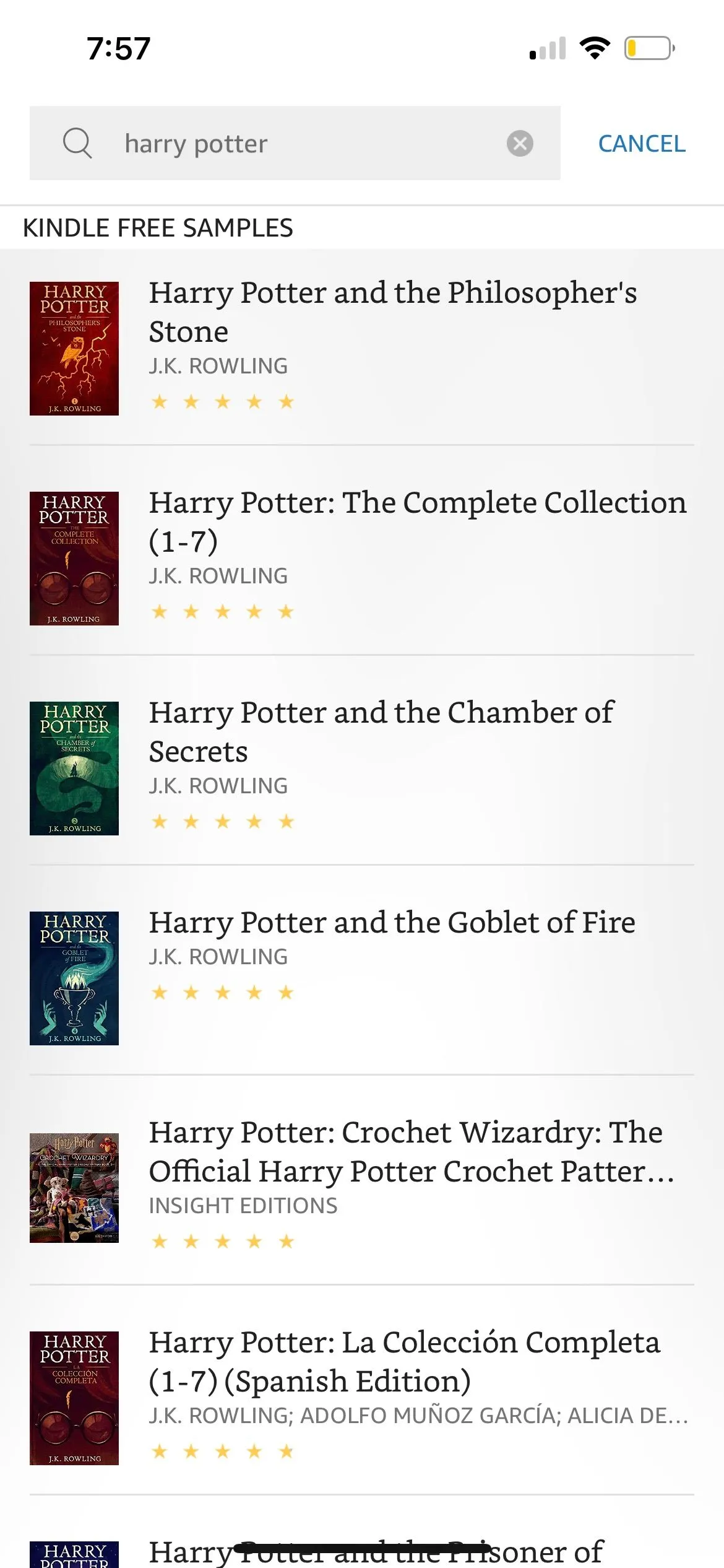 Giao diện tìm kiếm sách trong ứng dụng Amazon Kindle