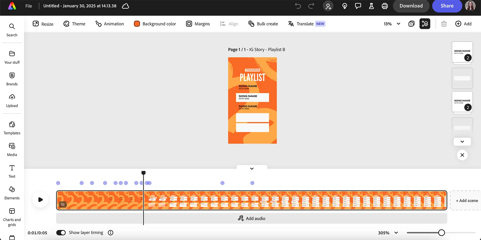 Giao diện timeline chỉnh sửa video trong Adobe Express, hiển thị các lớp video và tùy chỉnh thời gian.