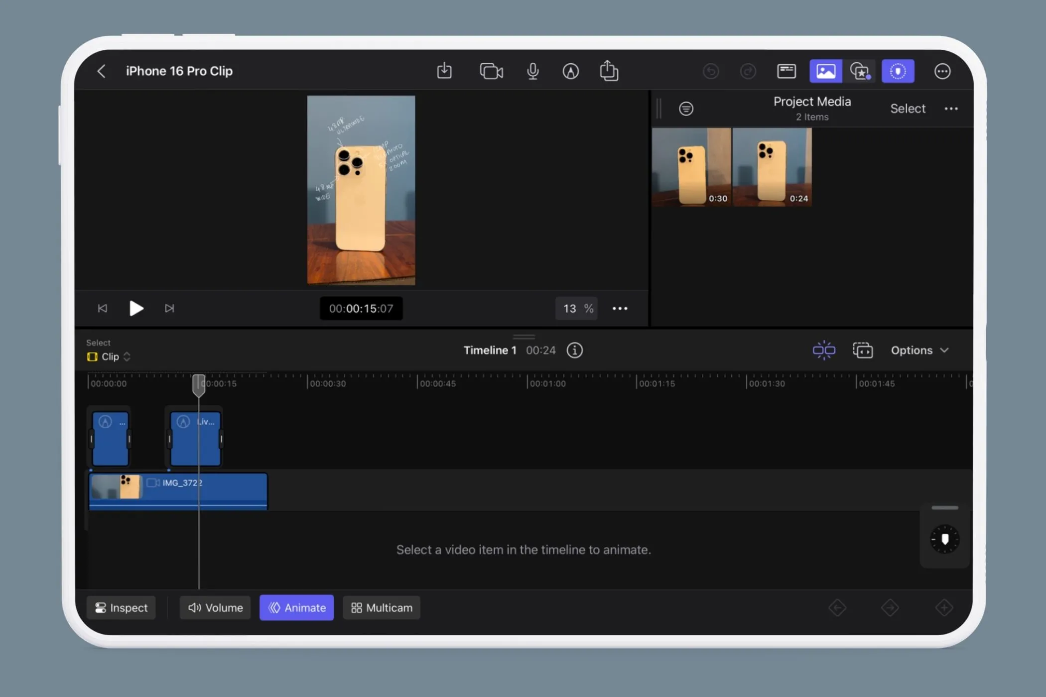 Giao diện timeline của Final Cut Pro trên iPad với biểu tượng Live Drawing