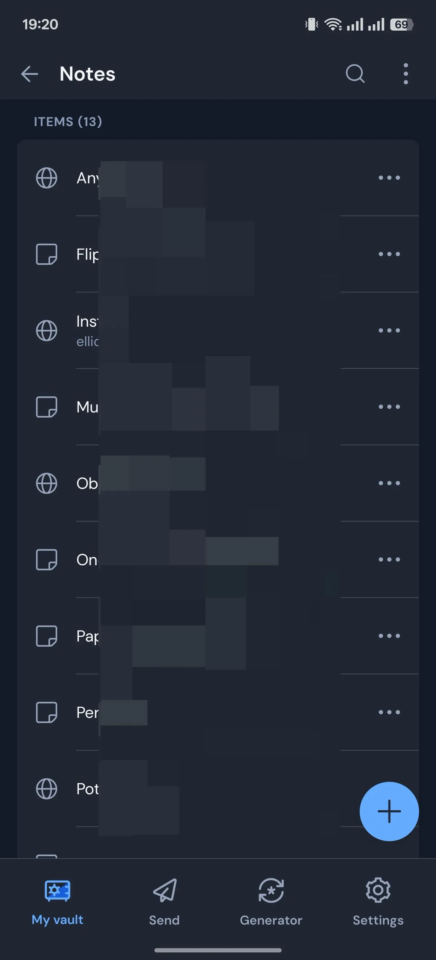 Giao diện tính năng Ghi chú bảo mật (Secure Notes) của ứng dụng quản lý mật khẩu Bitwarden trên Android