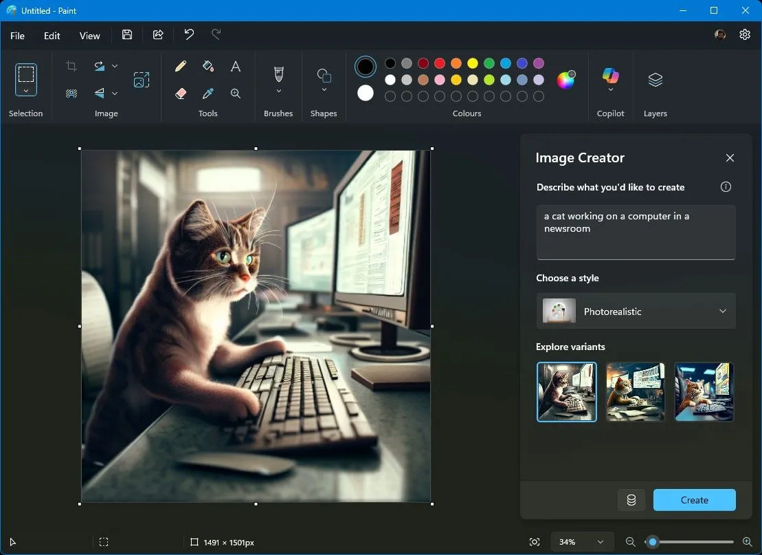 Giao diện tính năng Image Creator của Microsoft Paint, hiển thị khả năng tạo hình ảnh AI từ văn bản mô tả, với các tùy chọn phong cách.