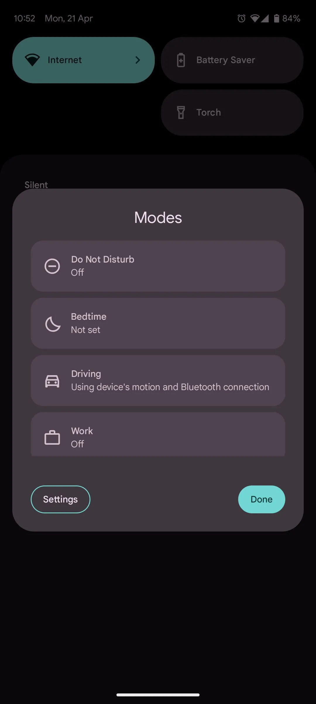 Giao diện tính năng Modes của Google Pixel trong thanh thông báo nhanh