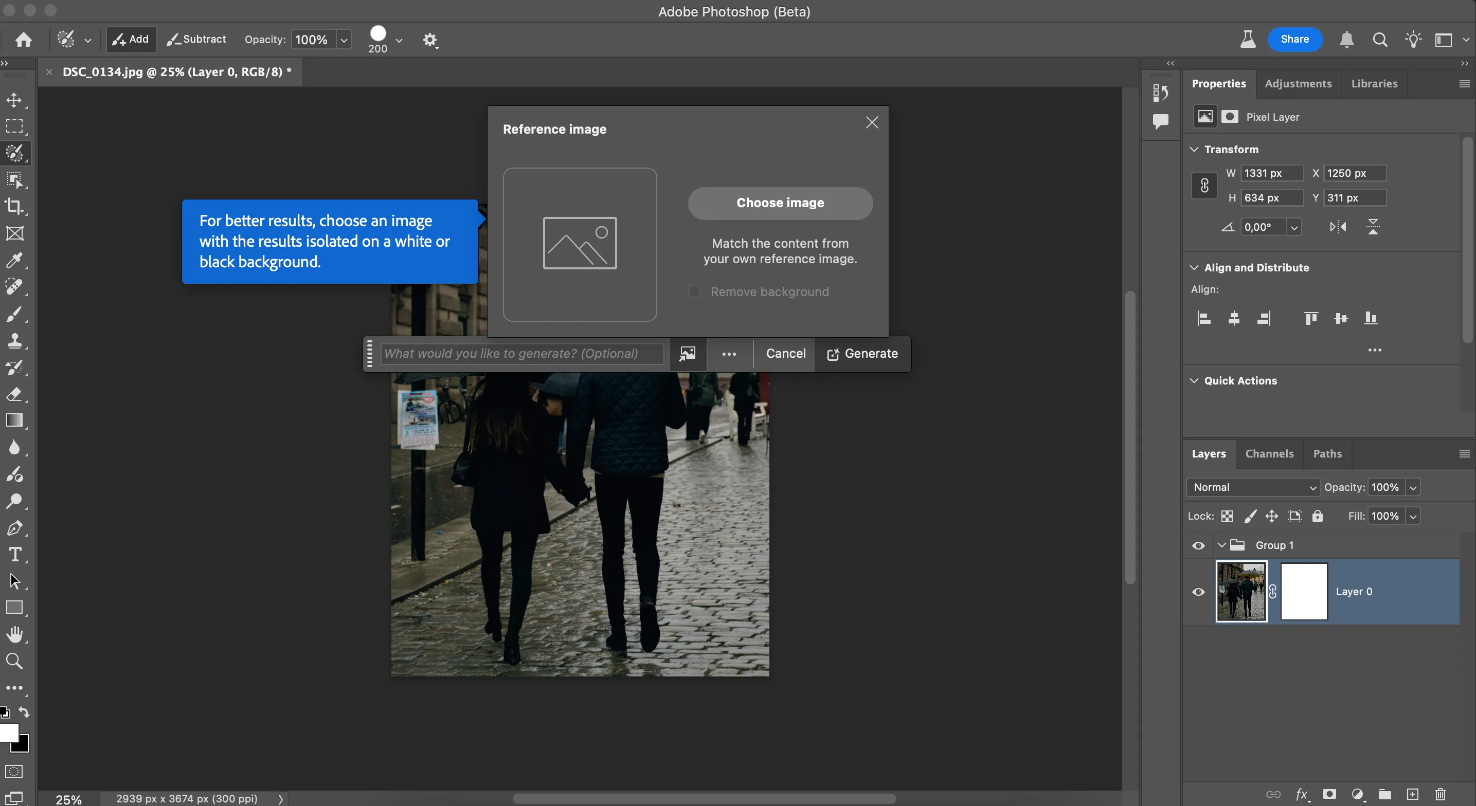 Giao diện tính năng Reference Image trong Photoshop Beta, cho phép tải ảnh tham chiếu để cải thiện kết quả Generative Fill.