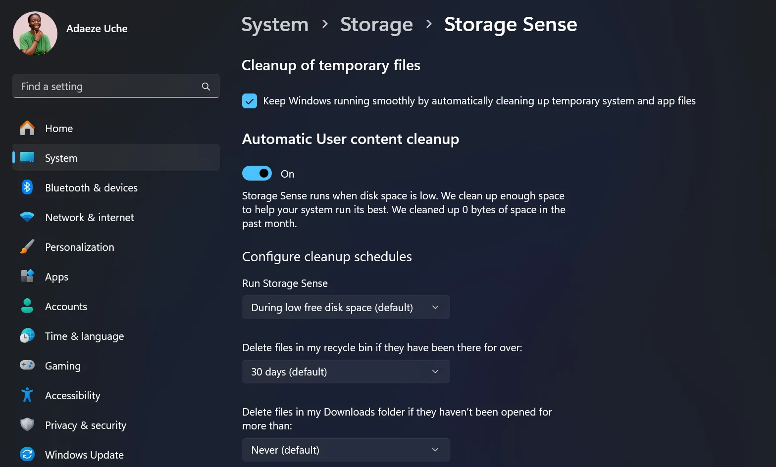 Giao diện tính năng Storage Sense trong ứng dụng Cài đặt của Windows, minh họa khả năng quản lý dung lượng tự động của hệ điều hành