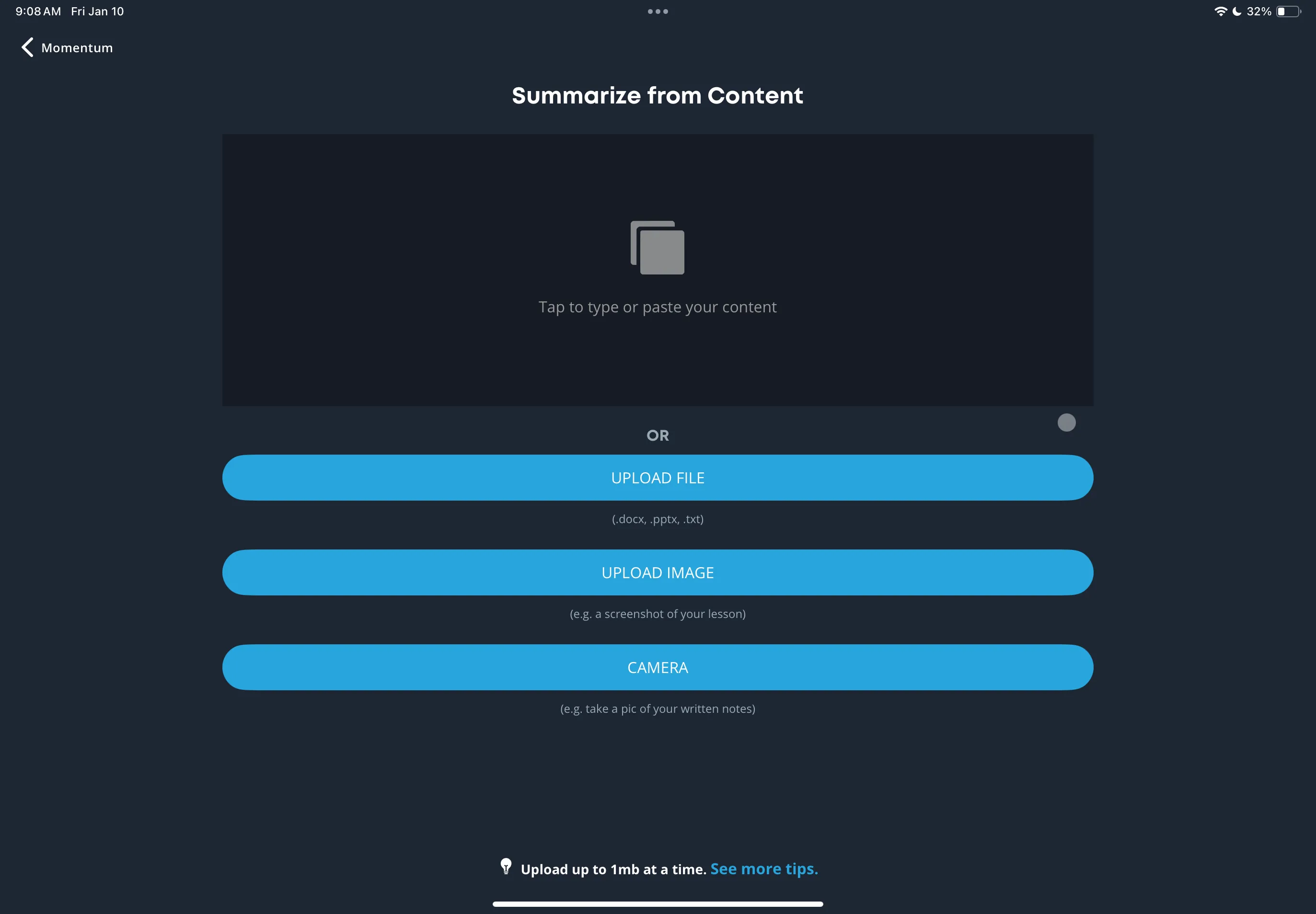 Giao diện tính năng Summarize From Content của Brainscape, cho phép tải tài liệu để tạo flashcard