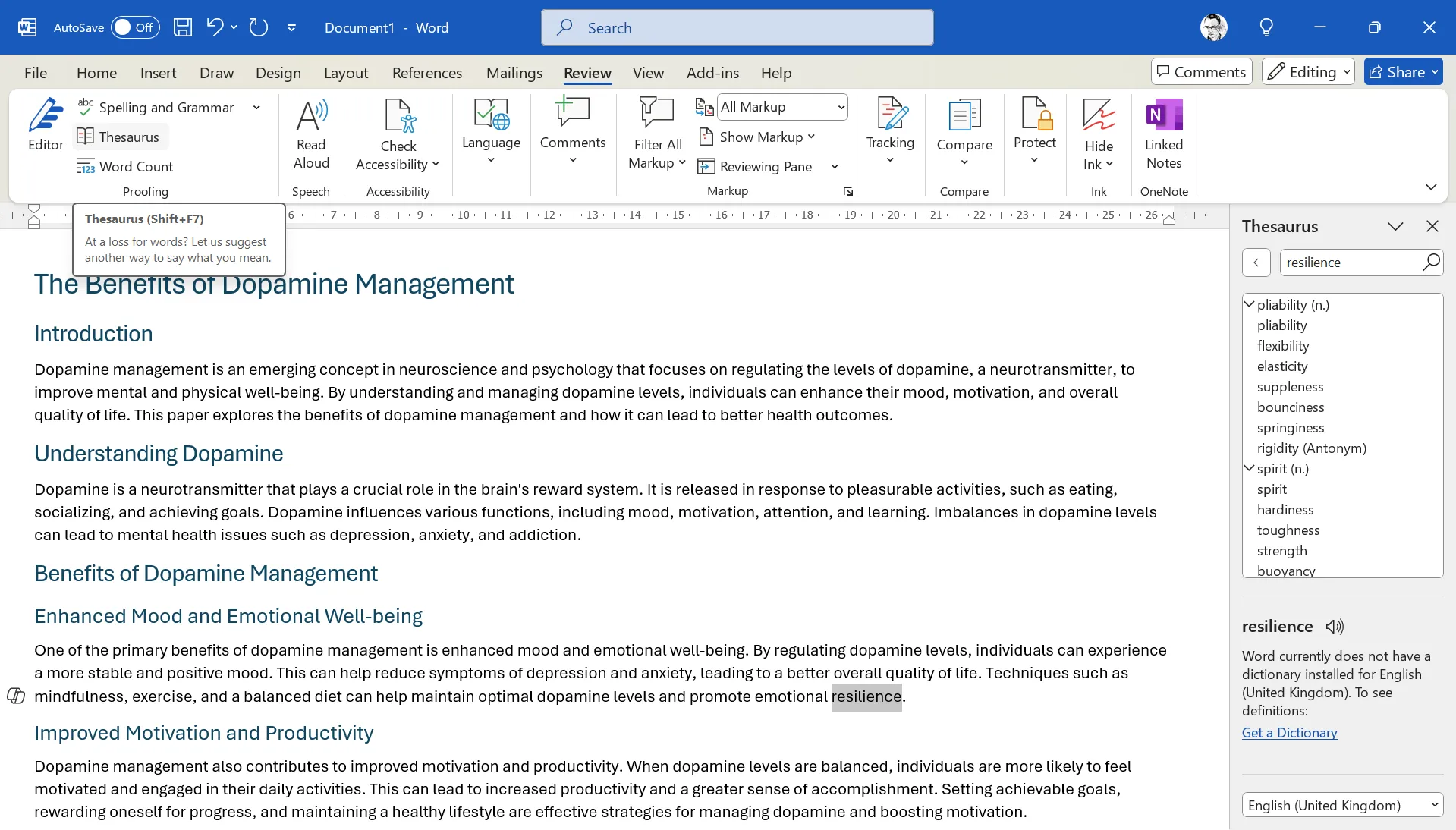 Giao diện tính năng Thesaurus (Từ điển Đồng nghĩa) trong Microsoft Office, hiển thị các từ gợi ý