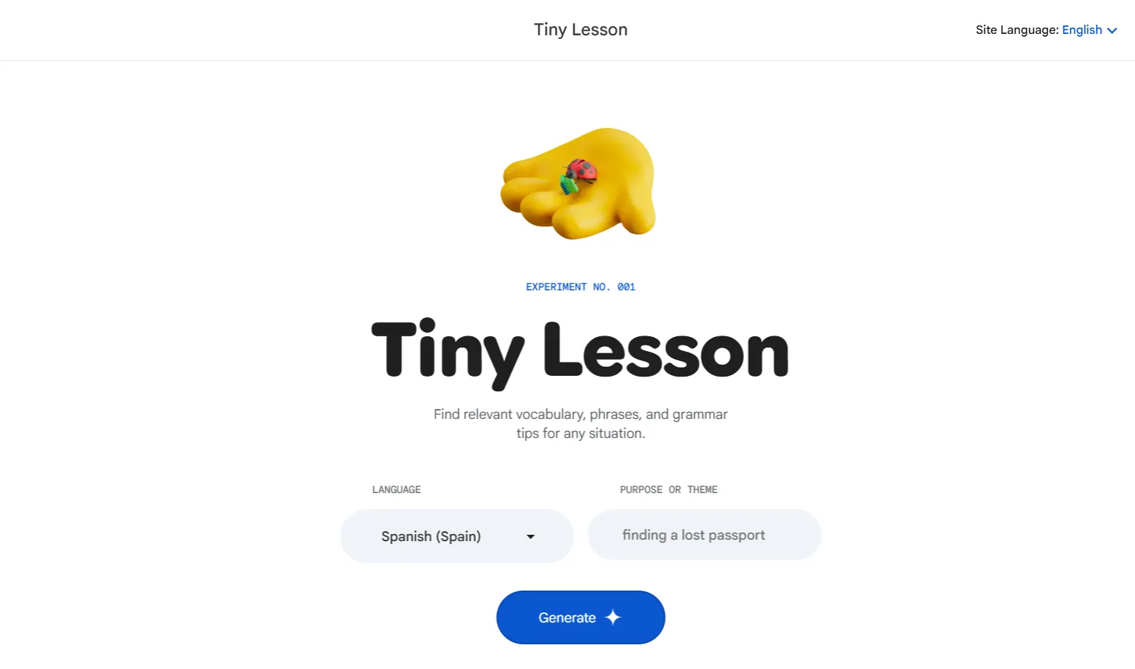 Giao diện Tiny Lesson của Google Little Language Lessons, hiển thị cuộc hội thoại mẫu giúp học tiếng Anh tự nhiên.