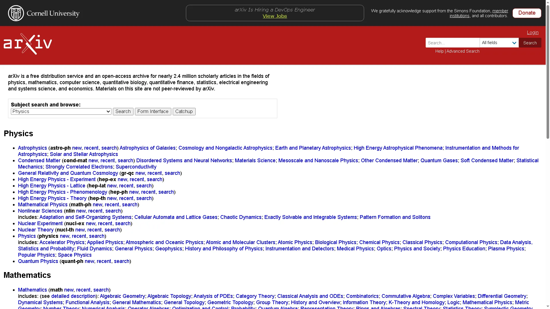 Giao diện trang chủ của arXiv, một kho lưu trữ trực tuyến các bài báo học thuật từ năm 1991