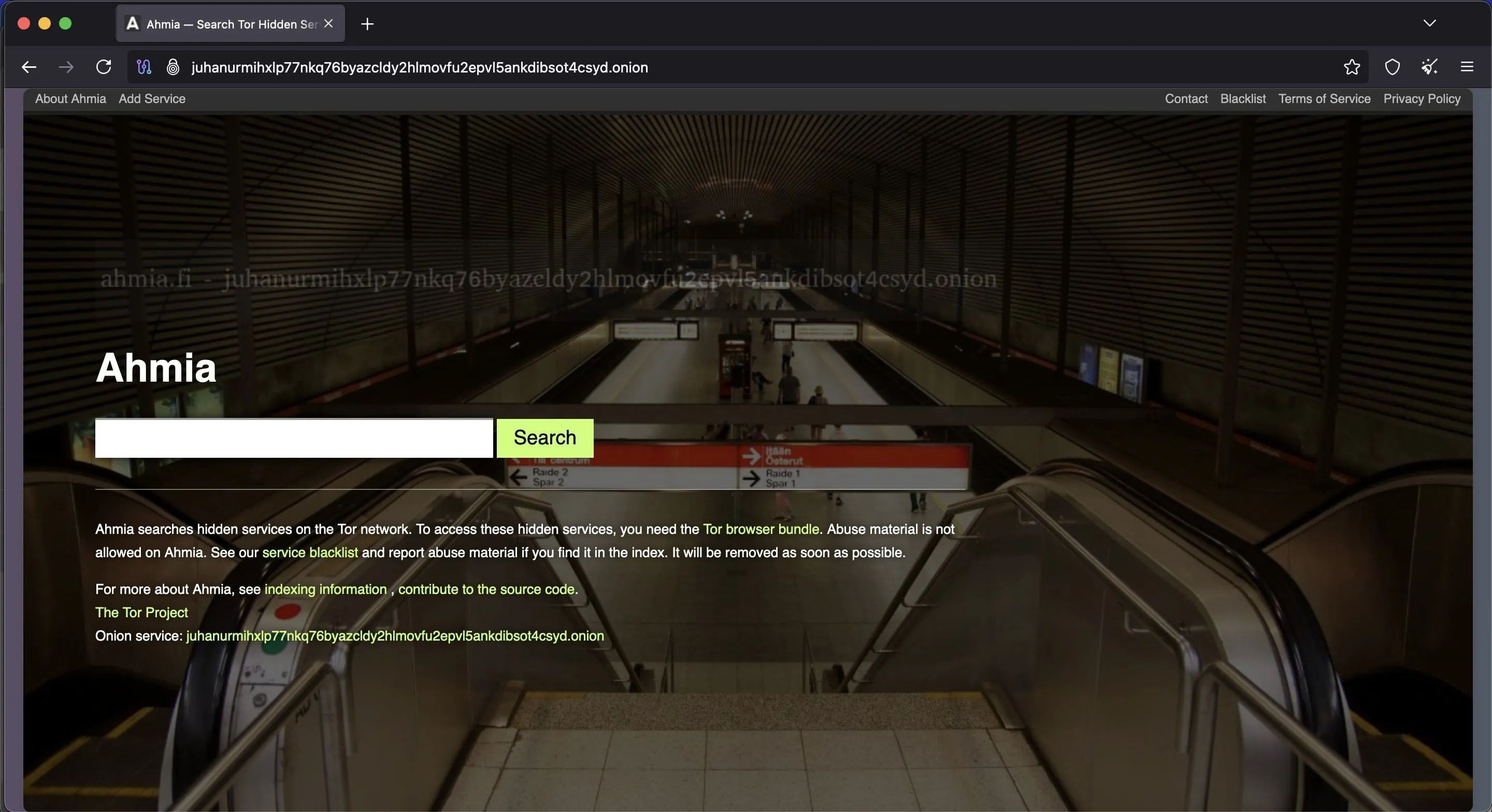 Giao diện trang chủ của công cụ tìm kiếm Dark Web Ahmia
