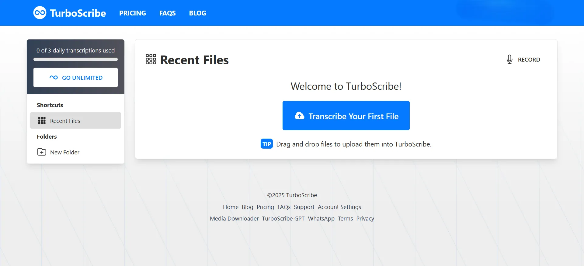 Giao diện trang chủ của nền tảng chuyển đổi giọng nói TurboScribe
