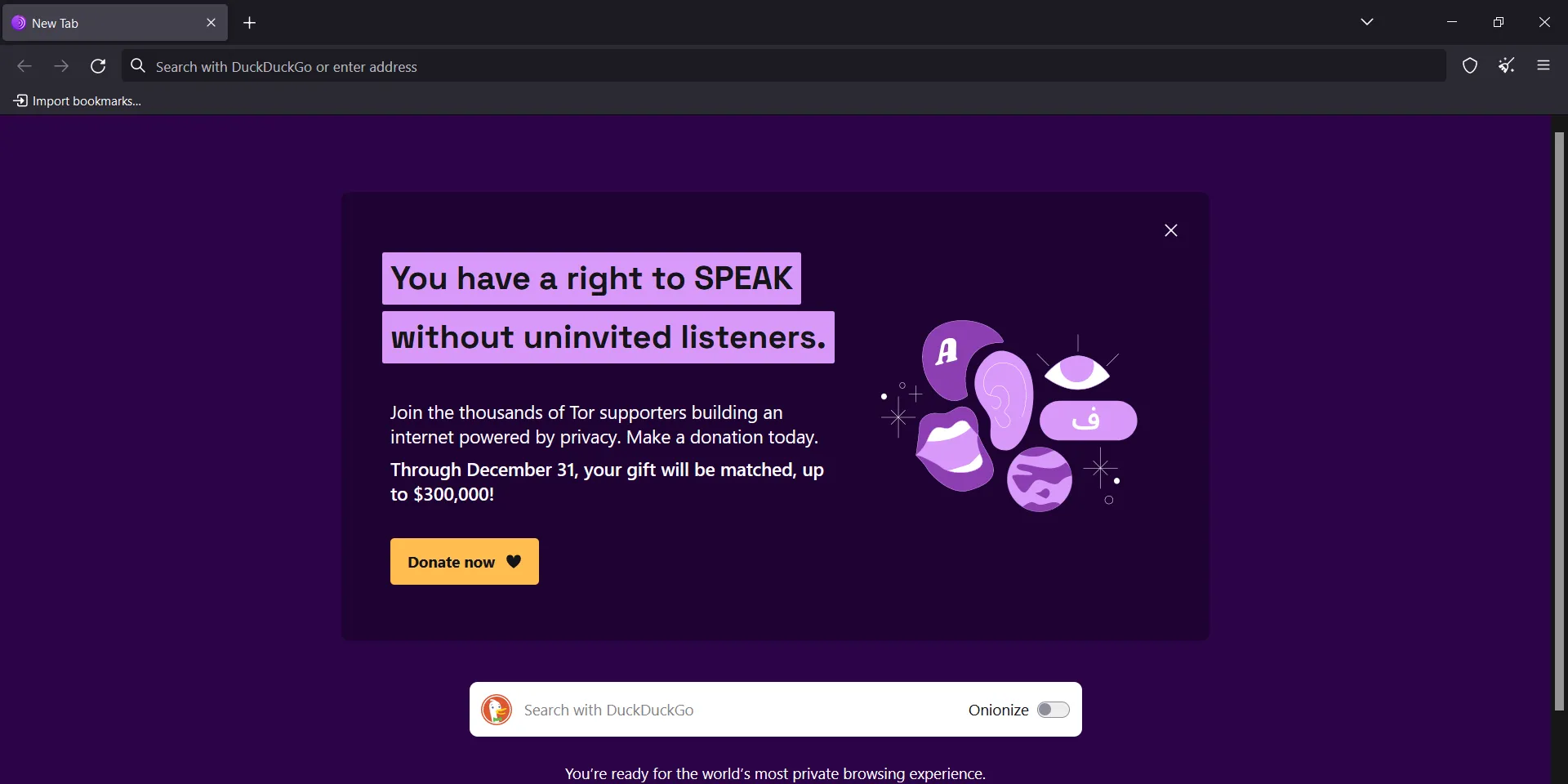 Giao diện trang chủ của Tor Browser, nhấn mạnh tính năng ẩn danh và bảo vệ quyền riêng tư