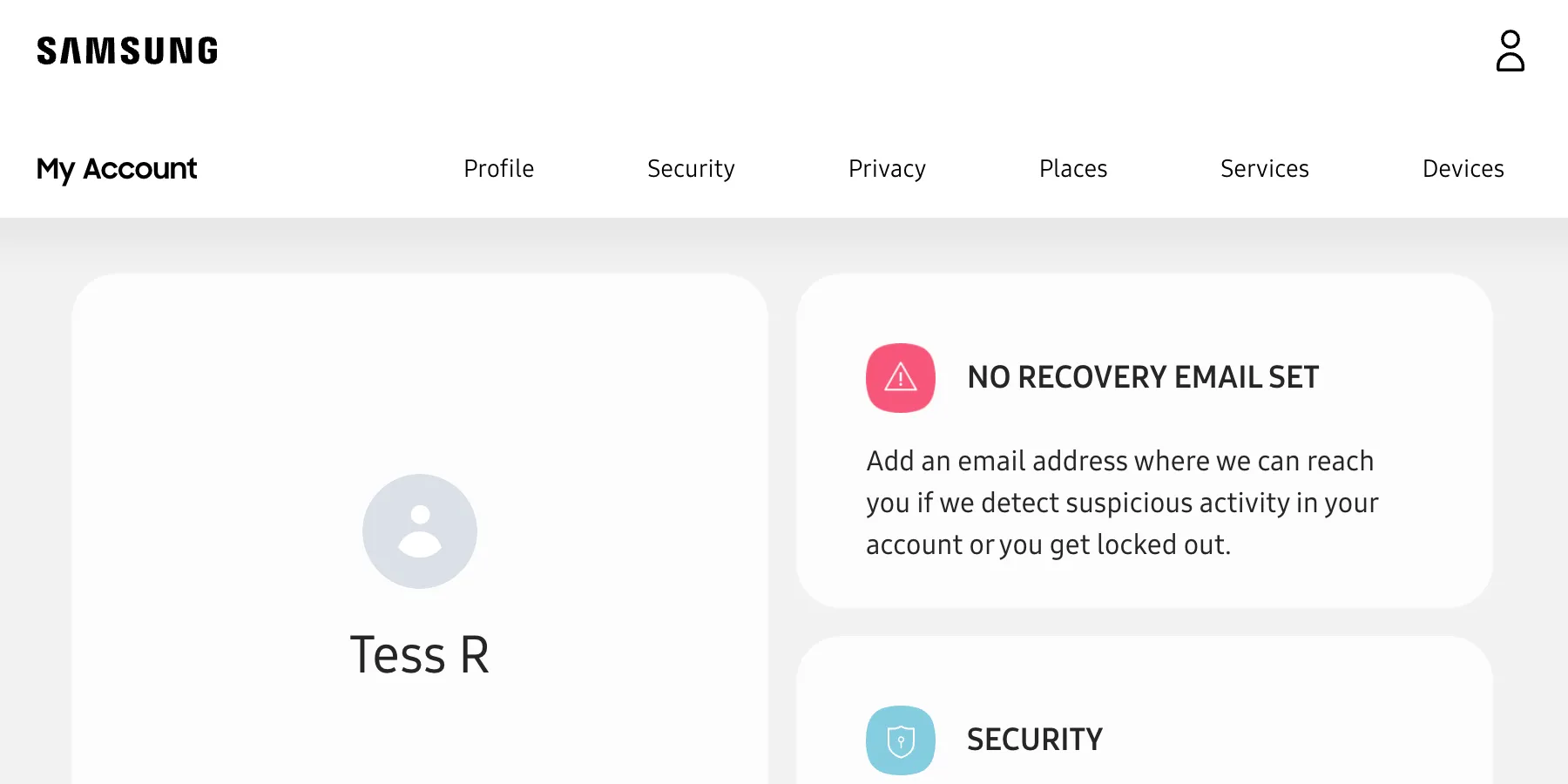 Giao diện trang chủ tài khoản Samsung sau khi đăng nhập